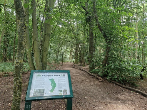 A notice board of Sharphill Wood in the woods