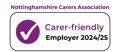 A tick in a purple circle and carer friendly employer text