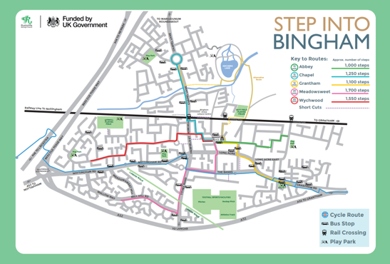 Map of Bingham showing five walking routes