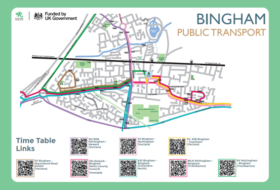 Map of Bingham showing eight bus routes